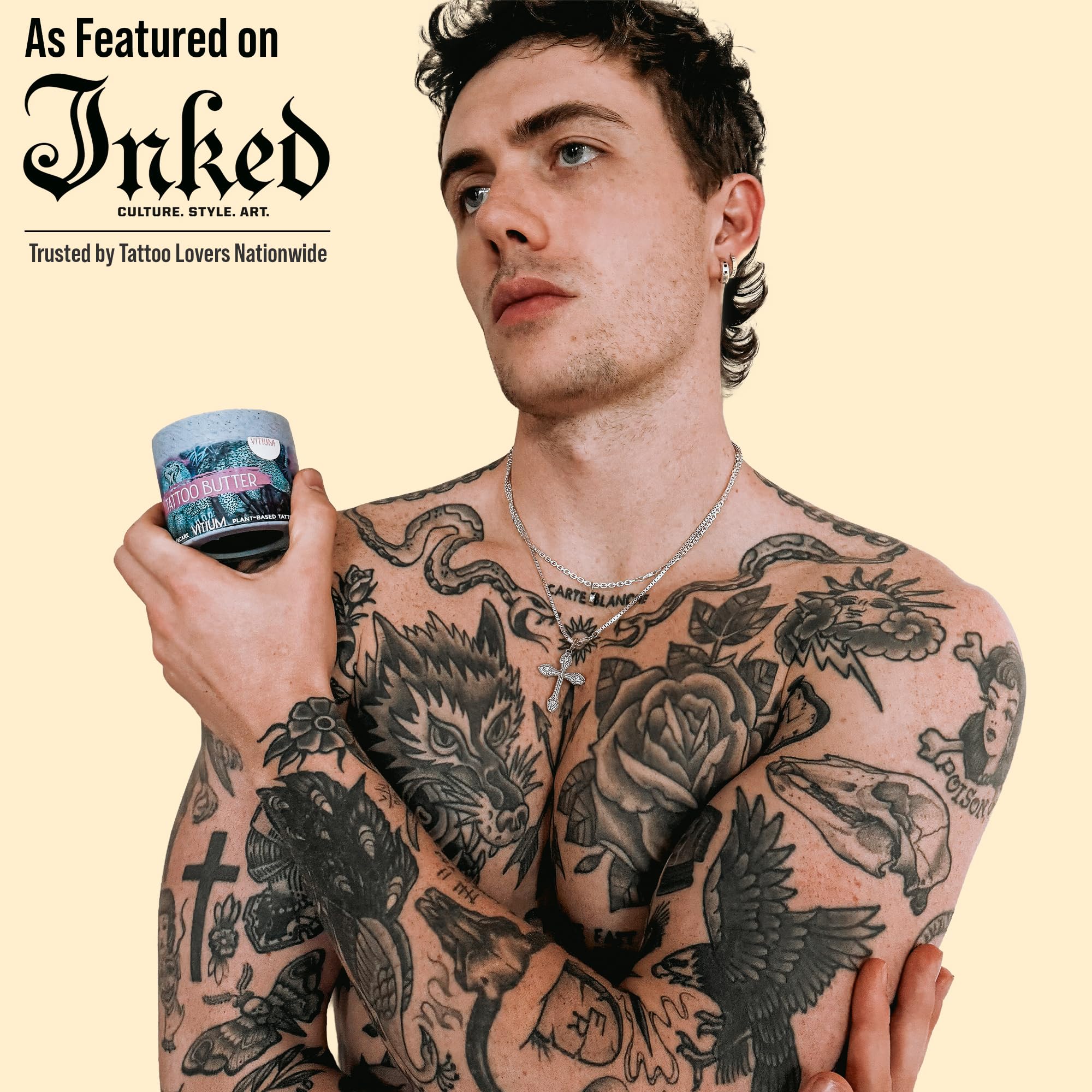 VITIUM Tattoo Butter sugarcane packaging emphasizes eco-friendly jar