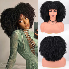 Vitorish Afro Curly Wig with Bangs close-up shows natural texture for daily wear.