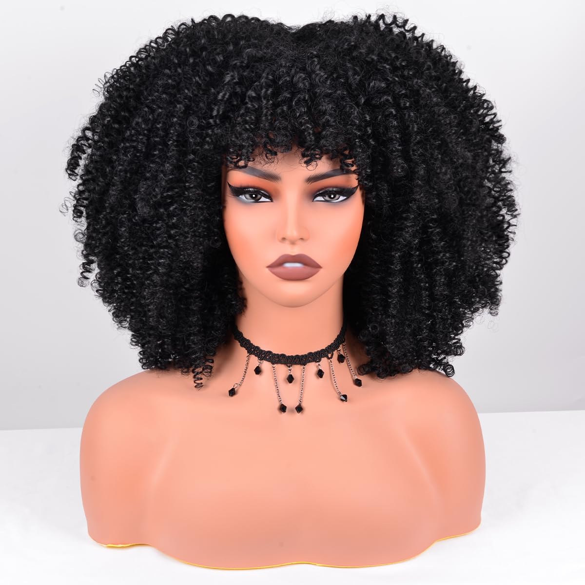 Vitorish Afro Curly Wig 12in bangs side view highlights versatile styling.