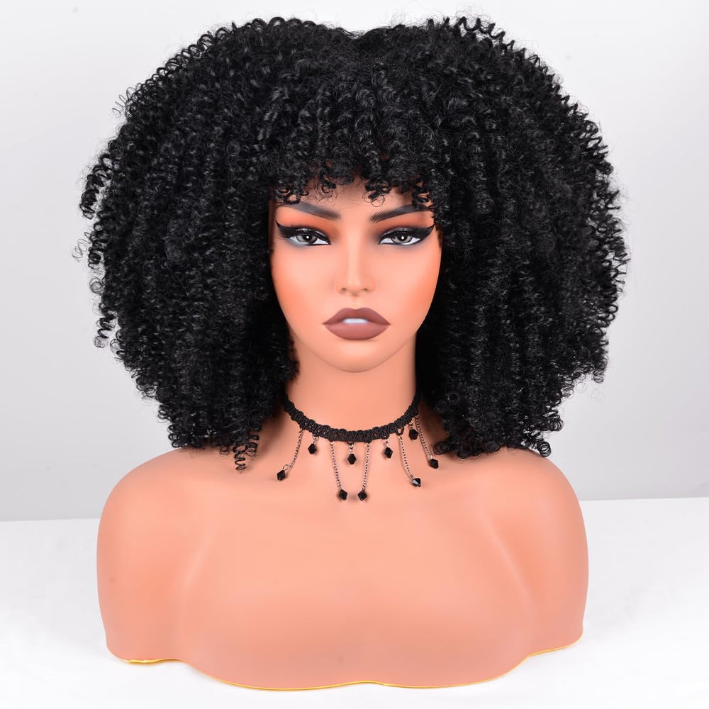 Vitorish Afro Curly Wig 12in bangs side view highlights versatile styling.