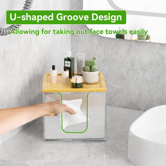 Clear acrylic towel box with U-shaped opening for easy towel access.