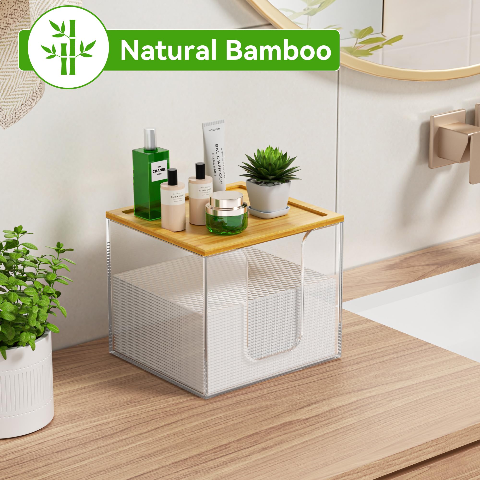 Removable bamboo lid doubles as compact storage for makeup essentials.