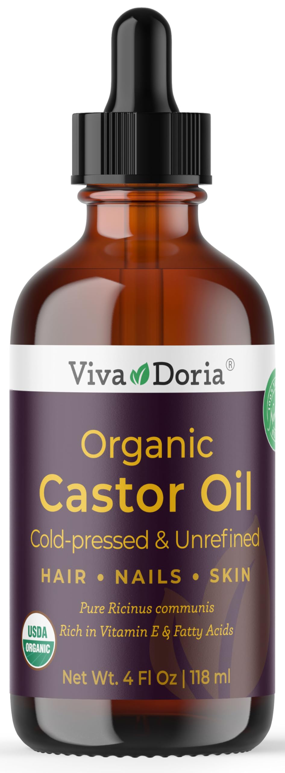Viva Doria Aceite de Ricino Orgánico, botella de 120 ml, hidratación para cabello y piel.