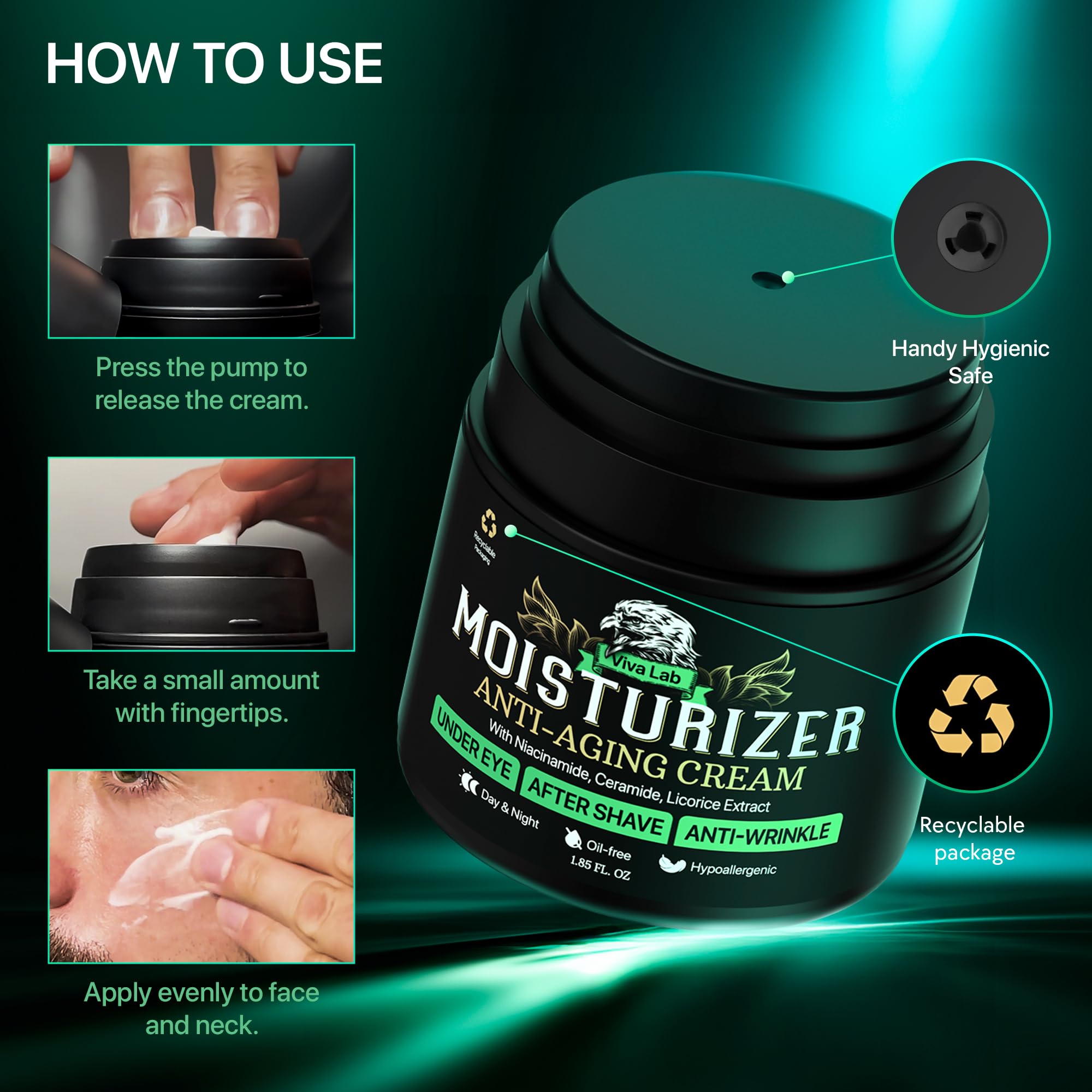 Night-time use shot of Viva Lab moisturizer for day and night routine