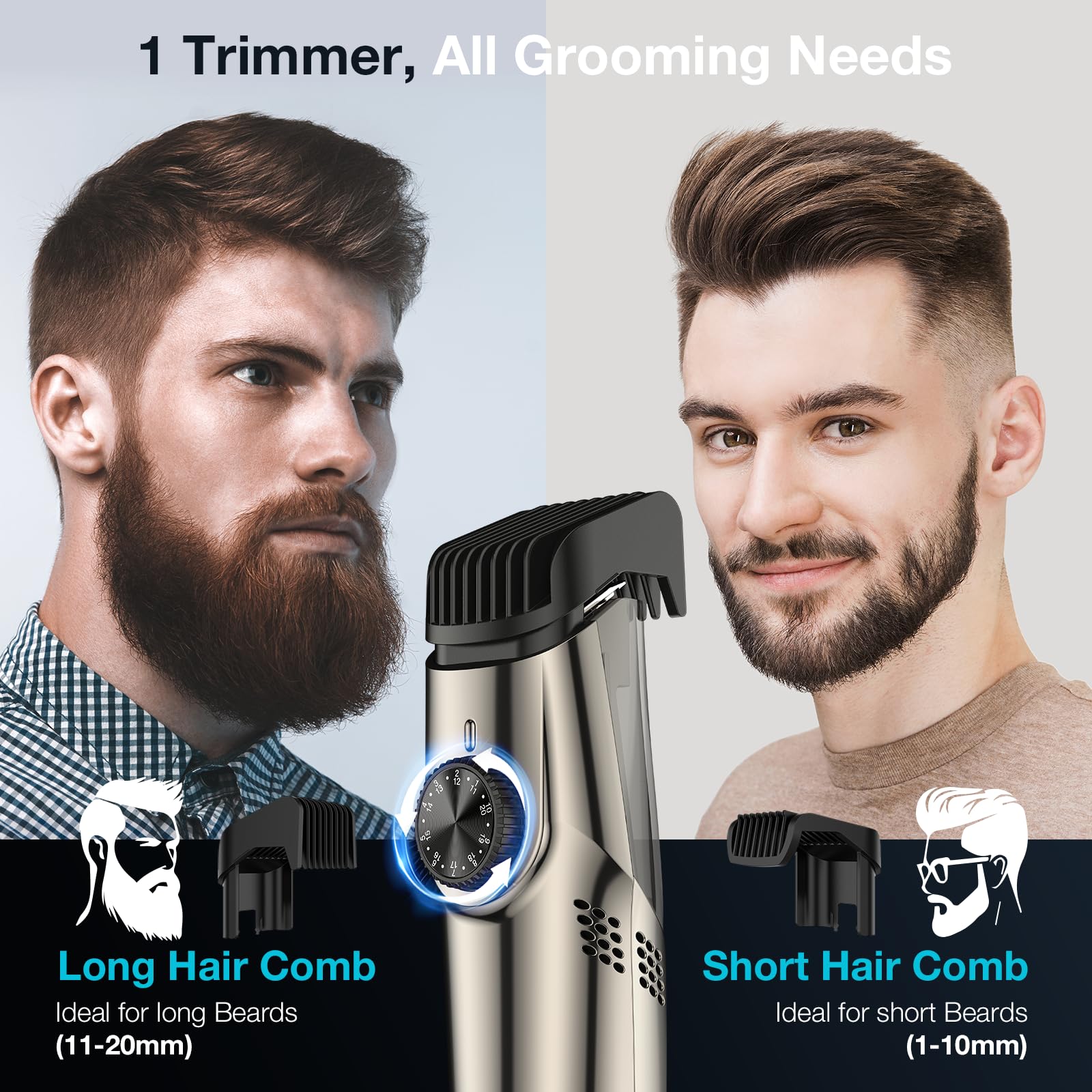 VivaEase beard trimmer in hand shows portable cordless convenience for on-the-go grooming