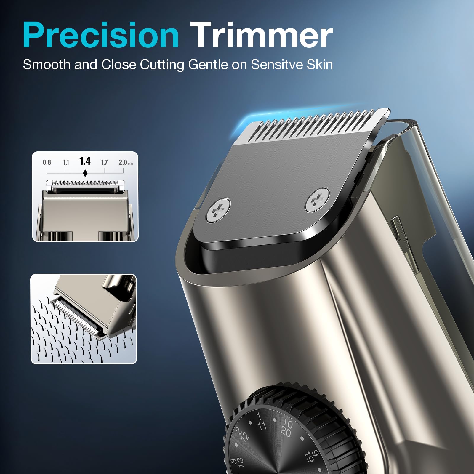VivaEase rechargeable trimmer shown with USB charging for travel