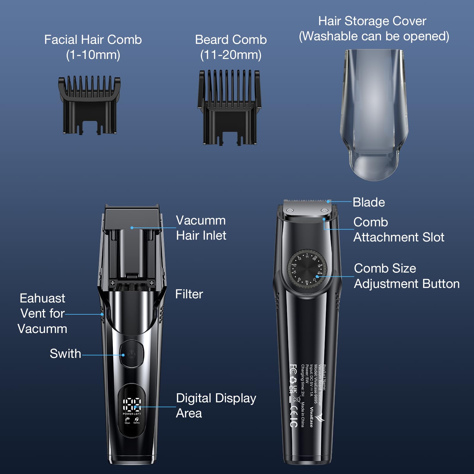 VivaEase vacuum beard trimmer cleaning reminder helps maintain peak performance