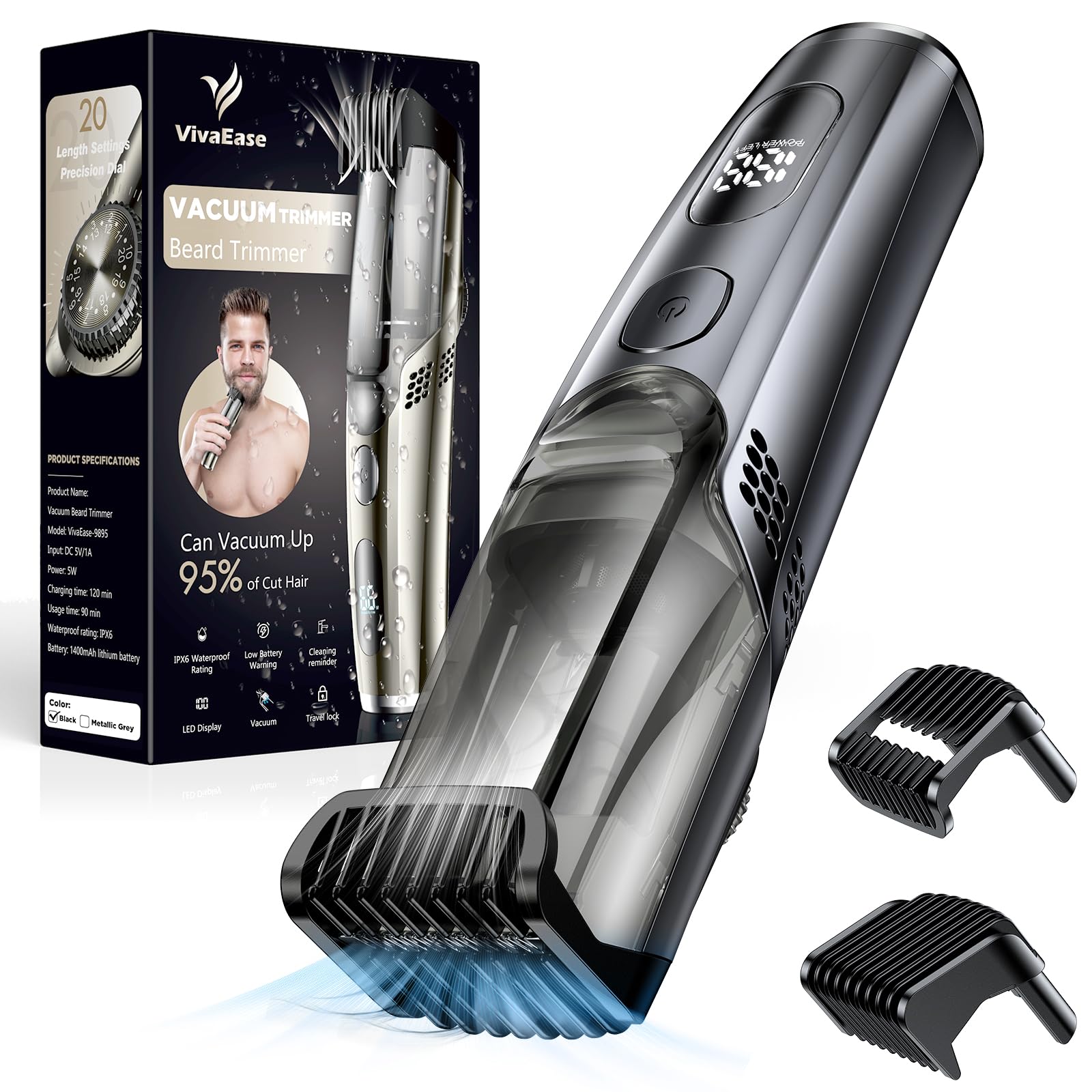 VivaEase vacuum beard trimmer front view for mess-free grooming and precision