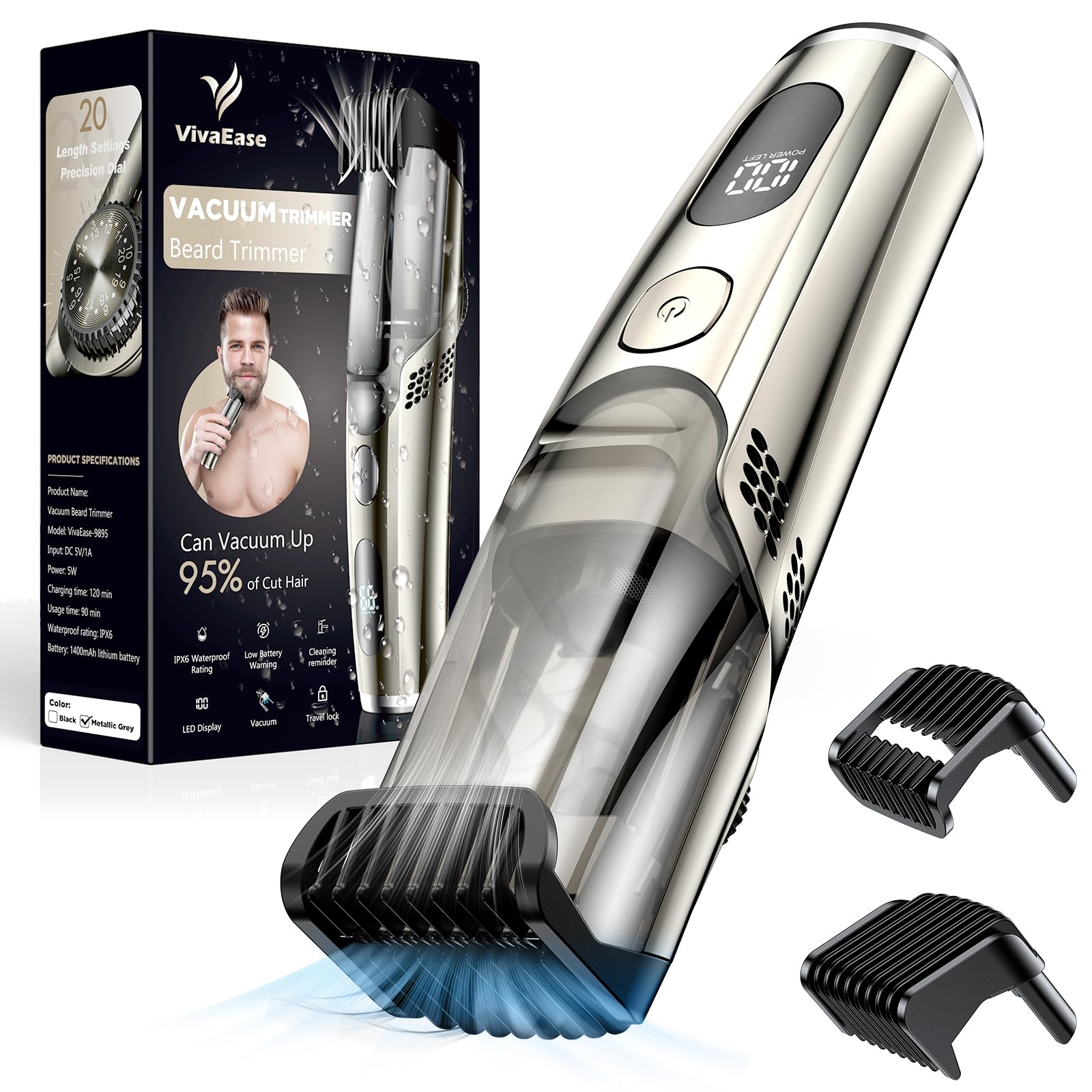 VivaEase vacuum beard trimmer front view for mess-free grooming