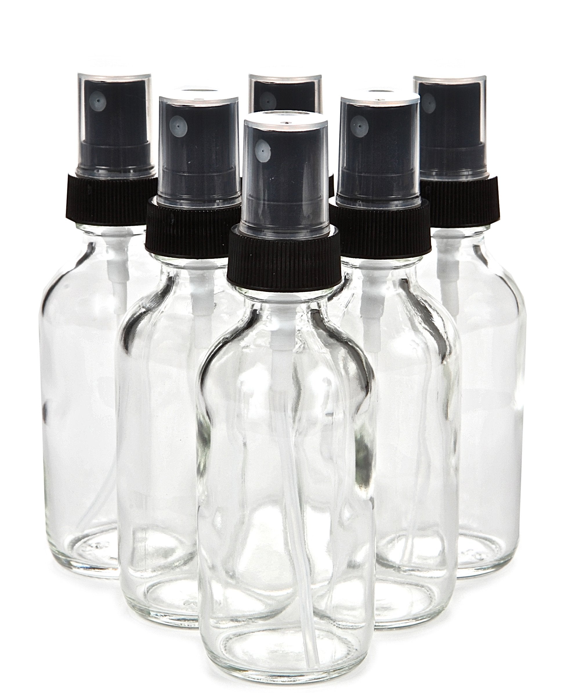 Vivaplex 6-pack 2 oz clear glass bottles with black mist sprayers offer travel convenience.