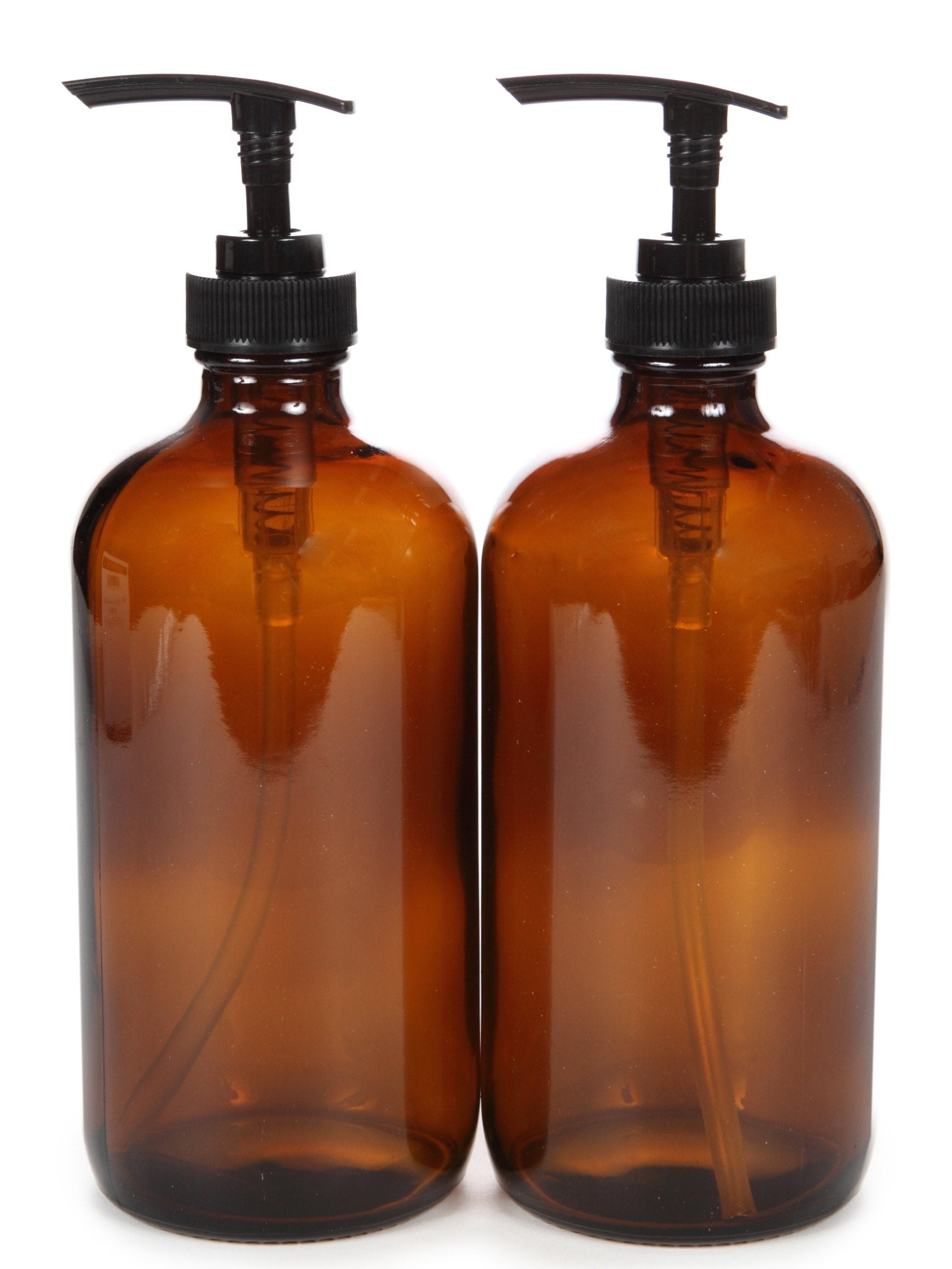 Vivaplex amber 16 oz bottle with pump for precise dispensing of soaps.