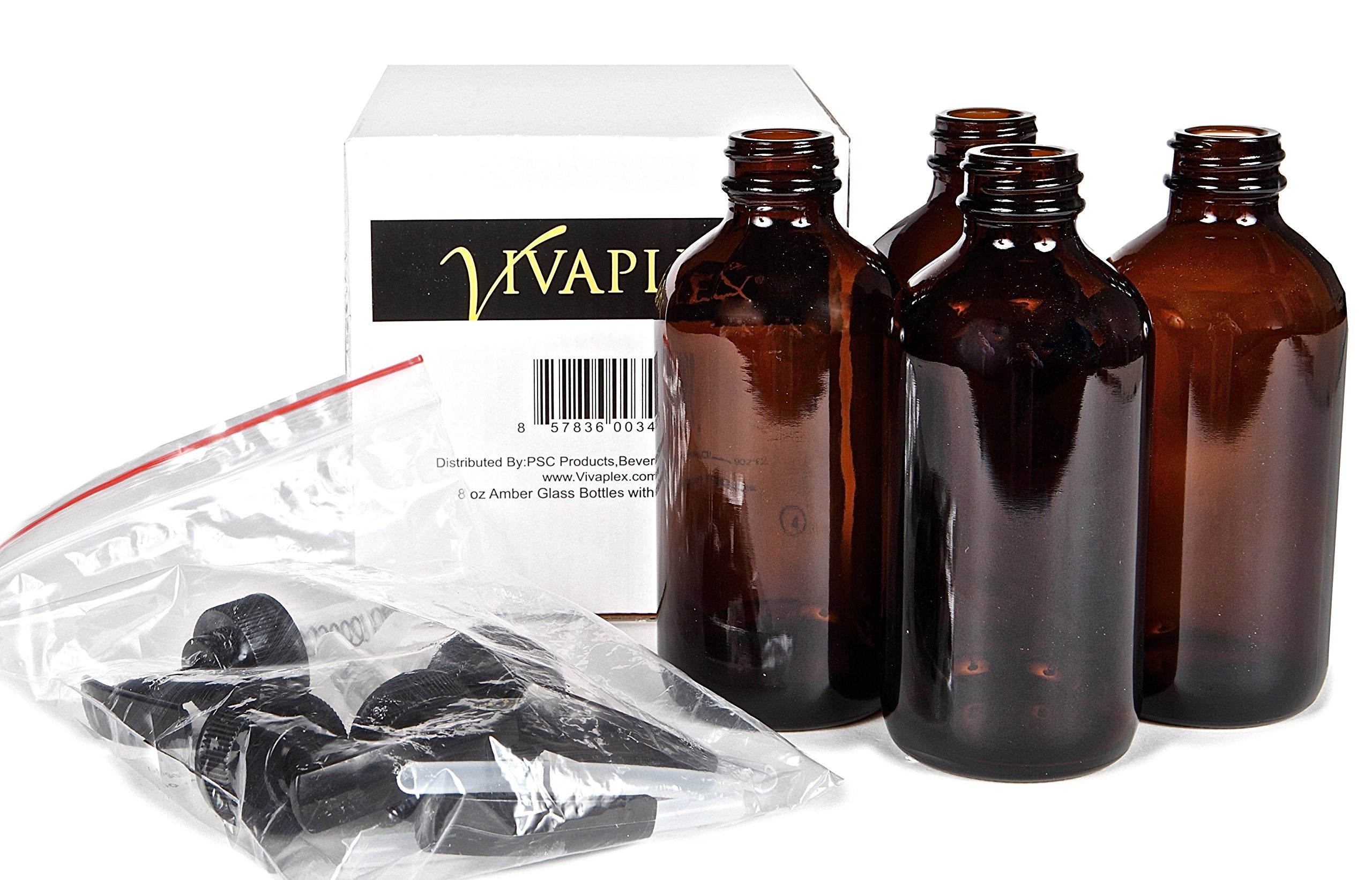Vivaplex four-pack amber bottles with pumps—great for organizing bath products.