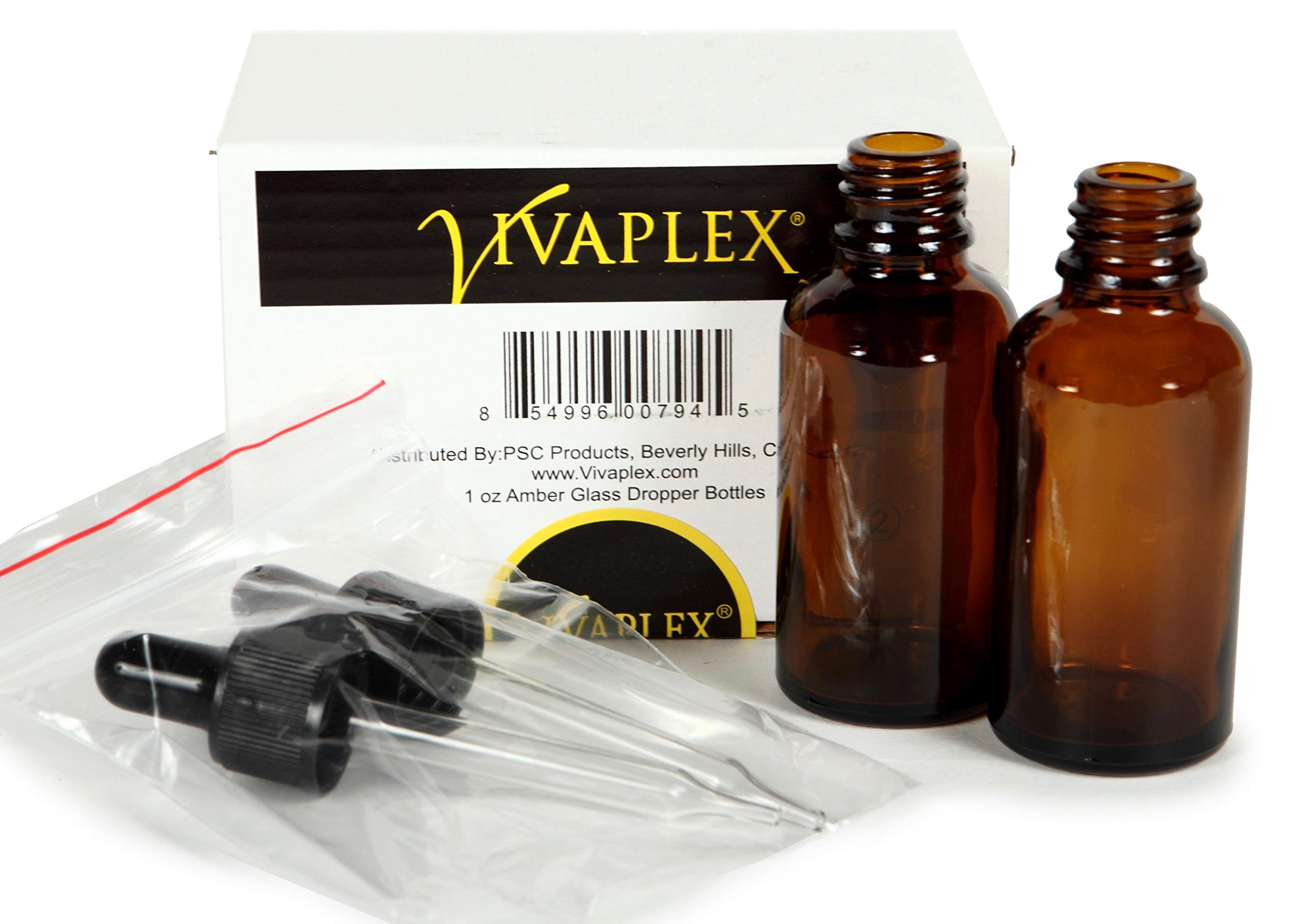 Vivaplex glass eye-dropper bottle closeup, premium UV protection for essential oils.