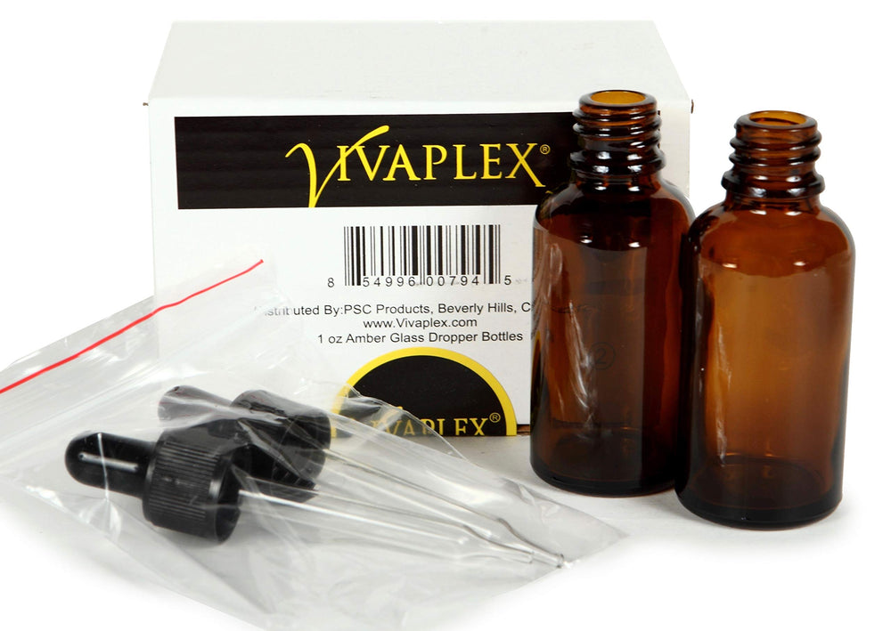 Vivaplex glass eye-dropper bottle closeup, premium UV protection for essential oils.