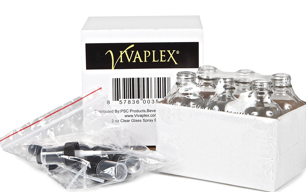 Vivaplex clear glass bottle set with dust caps for secure storage.