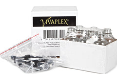 Vivaplex clear glass bottle set with dust caps for secure storage.