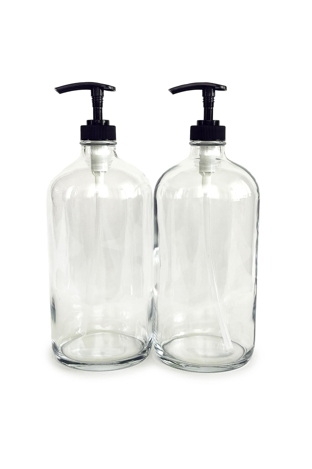 Vivaplex two-pack 32oz clear glass bottle with black pump, ideal for soaps and oils.