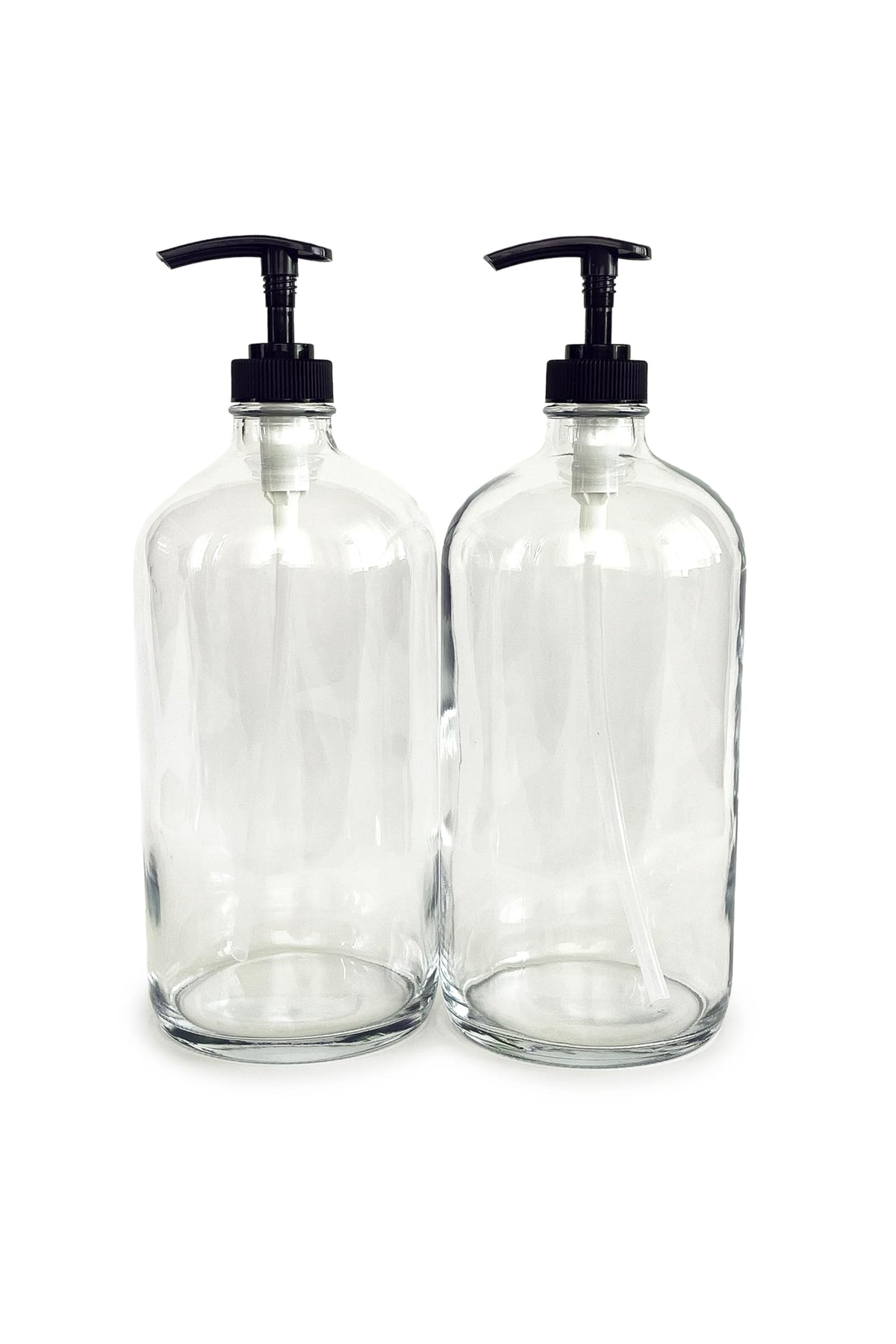 Vivaplex two-pack 32oz clear glass bottle with black pump, ideal for soaps and oils.