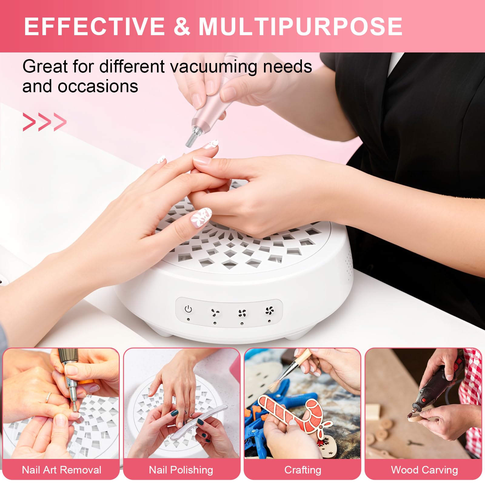 VIVAXIS nail dust collector in use for acrylic and gel work.