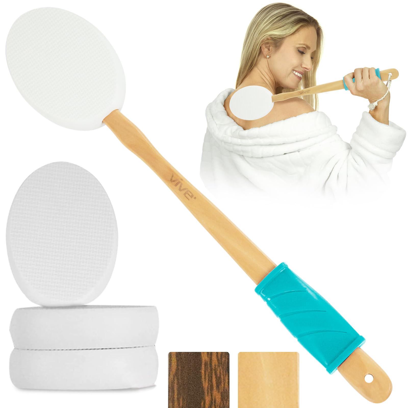 Vive aplicador de loción con mango largo para espalda y pies, alcance cómodo.