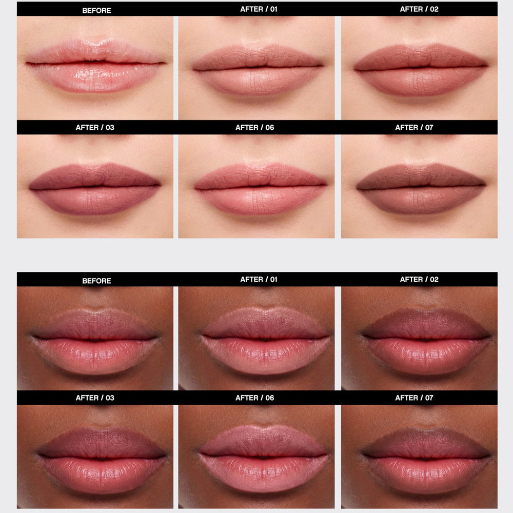 Vivienne Sabó quick-setting formula visible on lips.
