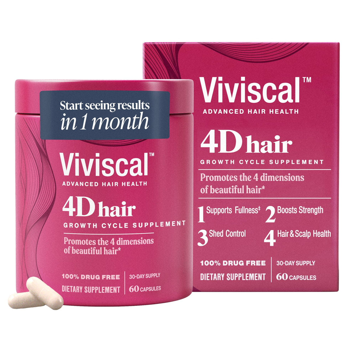 Viviscal 4D hair supplement bottle front showing the product and promise of fuller strands