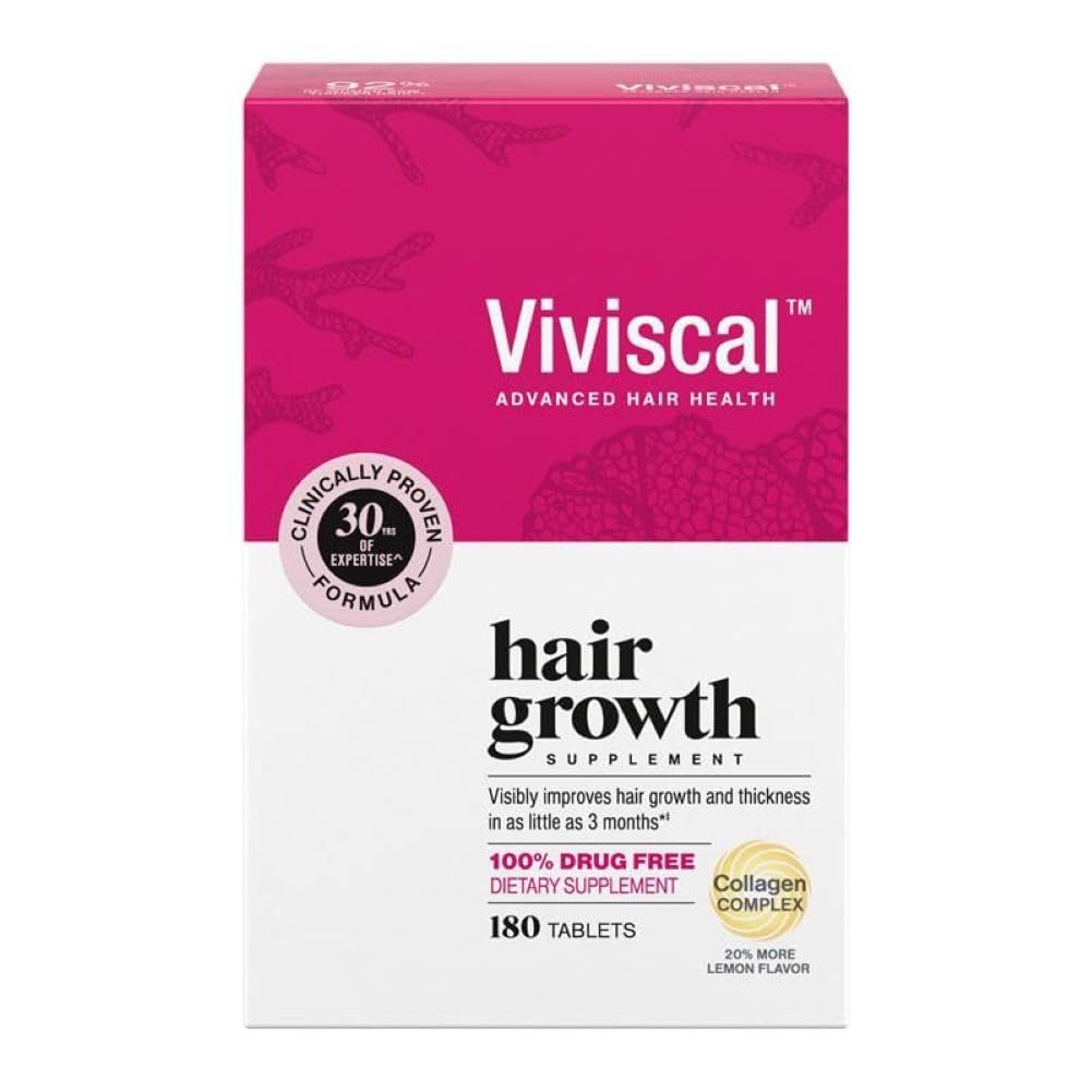 Viviscal bottle with 180 tablets promotes healthier, fuller hair.