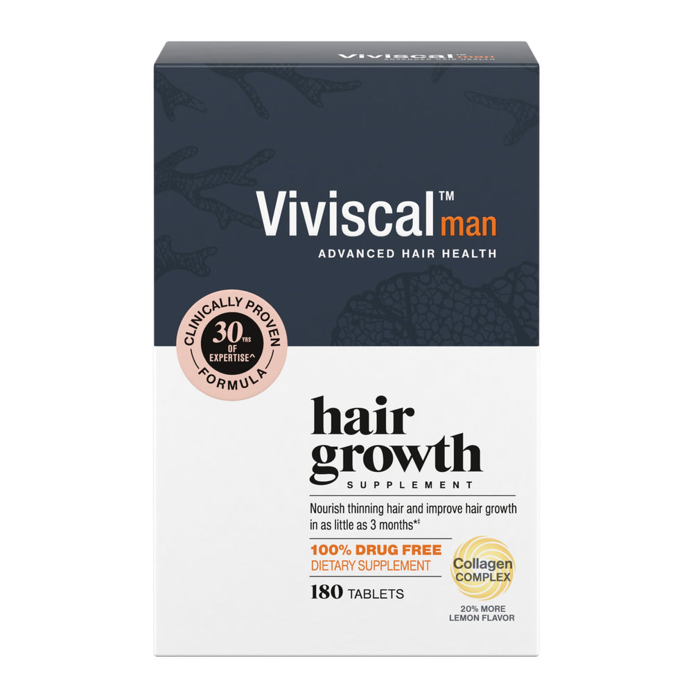 Viviscal Man bottle close-up showing the hair growth supplement for men.