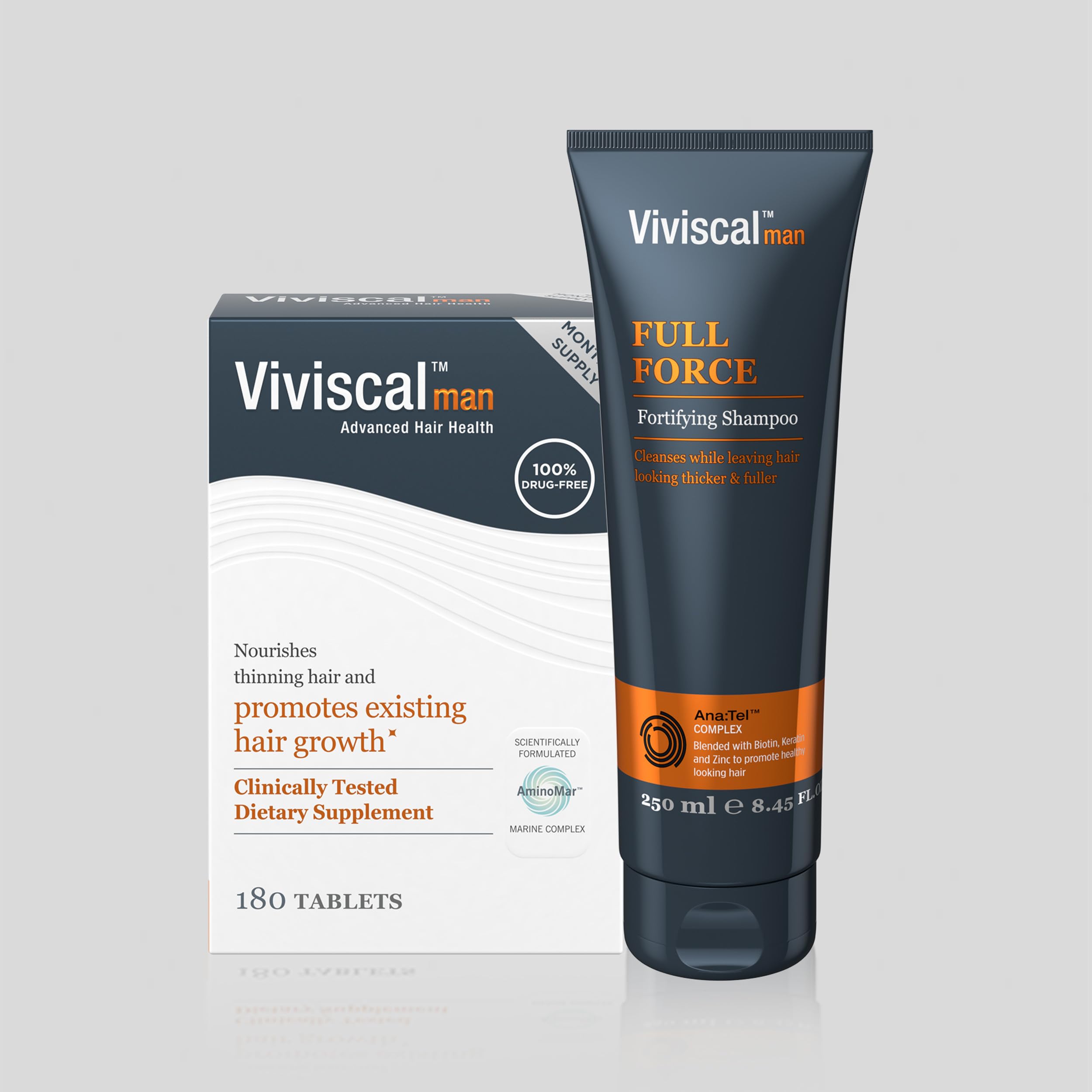 Viviscal Man bottle on counter signals a non-prescription solution.