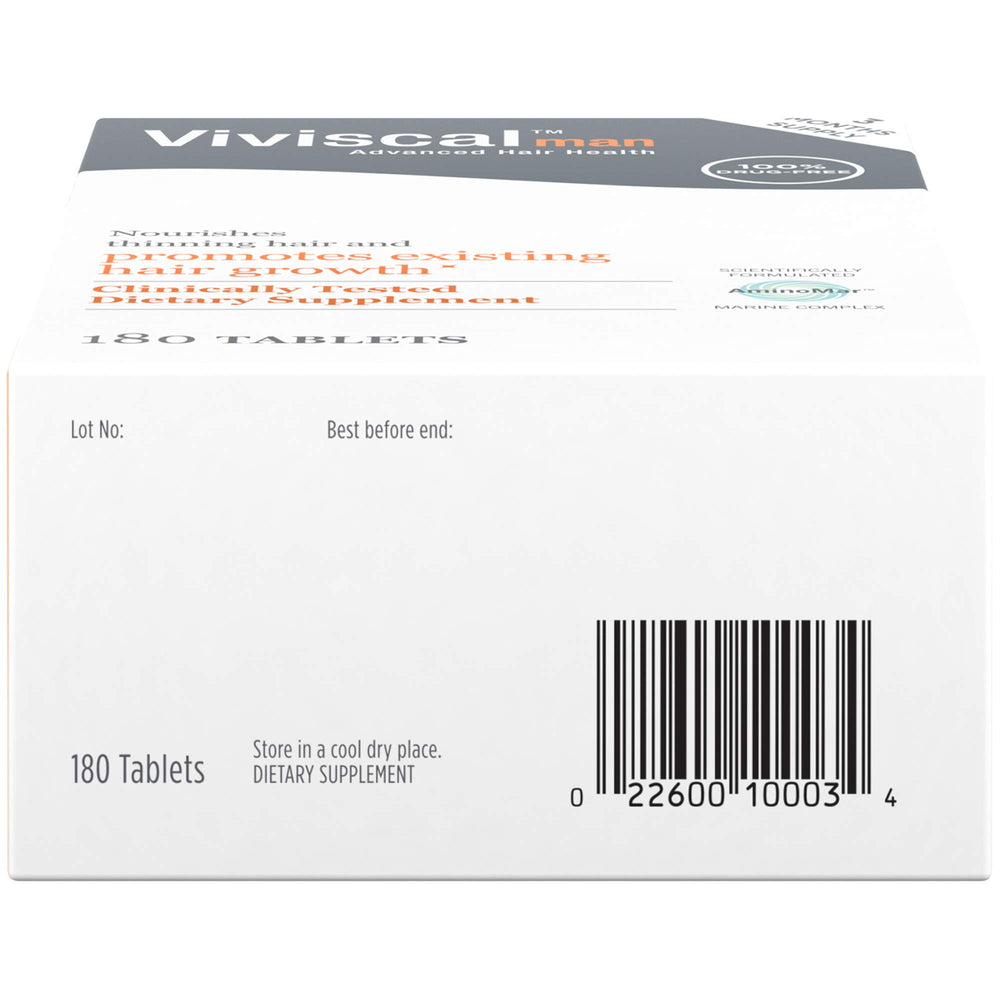Viviscal Man package back reveals usage guidelines and key benefits.