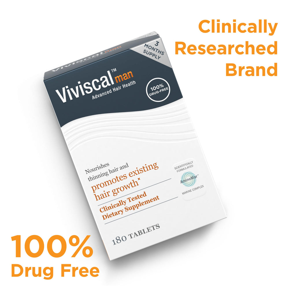 Viviscal Man tablet close-up emphasizes drug-free hair support option.