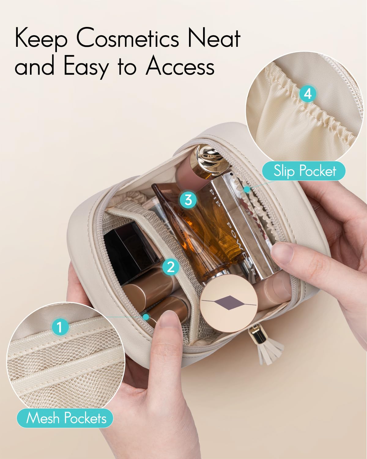 VLANDO makeup bag shows slip-in pockets for easy access to cosmetics.