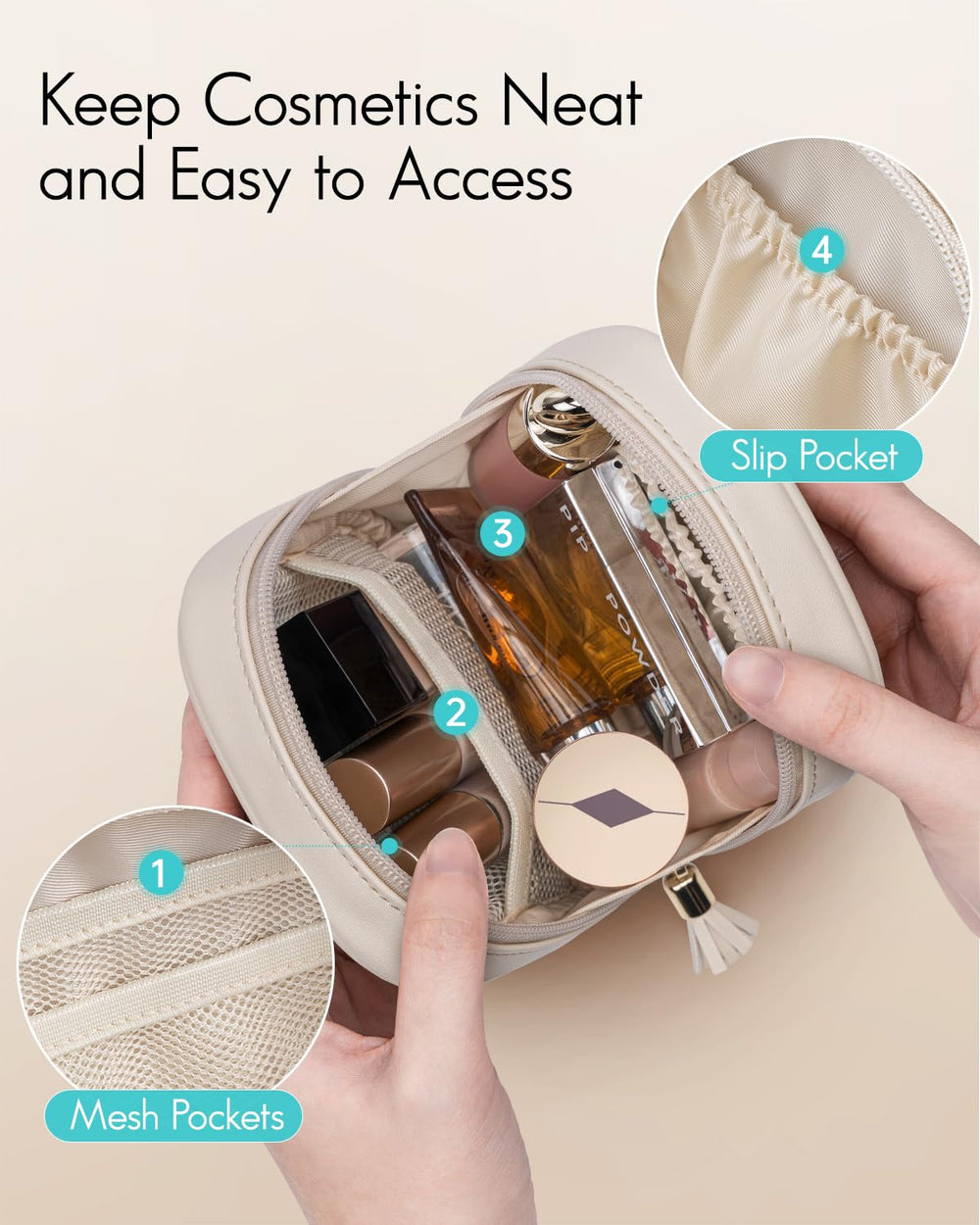 VLANDO makeup bag shows slip-in pockets for easy access to cosmetics.
