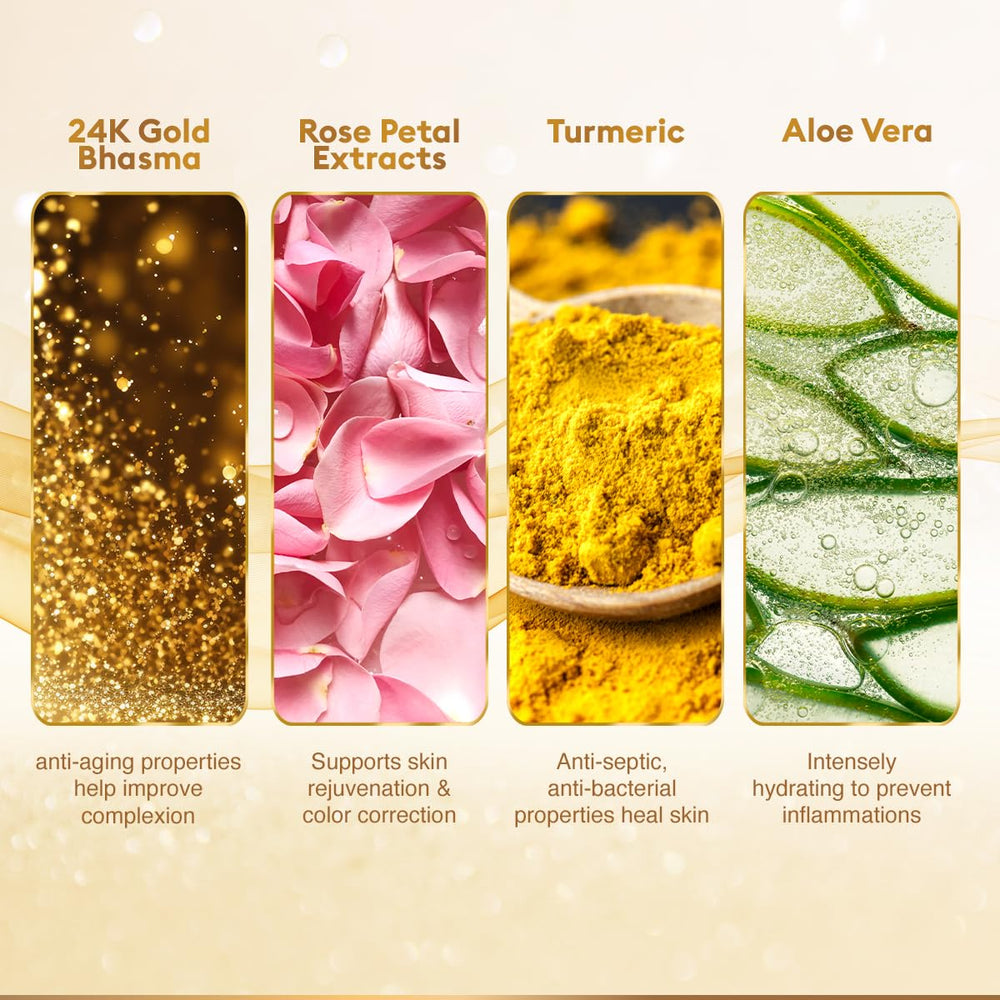VLCC Kit Facial Dorado: aplicación dorada que invita a un ritual de cuidado.