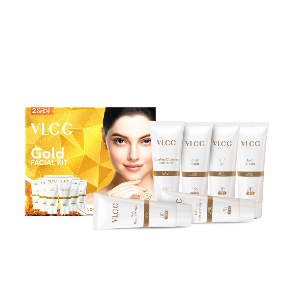 VLCC Kit Facial Dorado: aplicación suave en manos para un rostro equilibrado.
