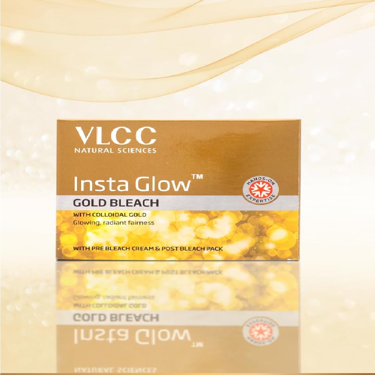VLCC Insta Gold blanqueador, etiqueta clara con instrucciones útiles.