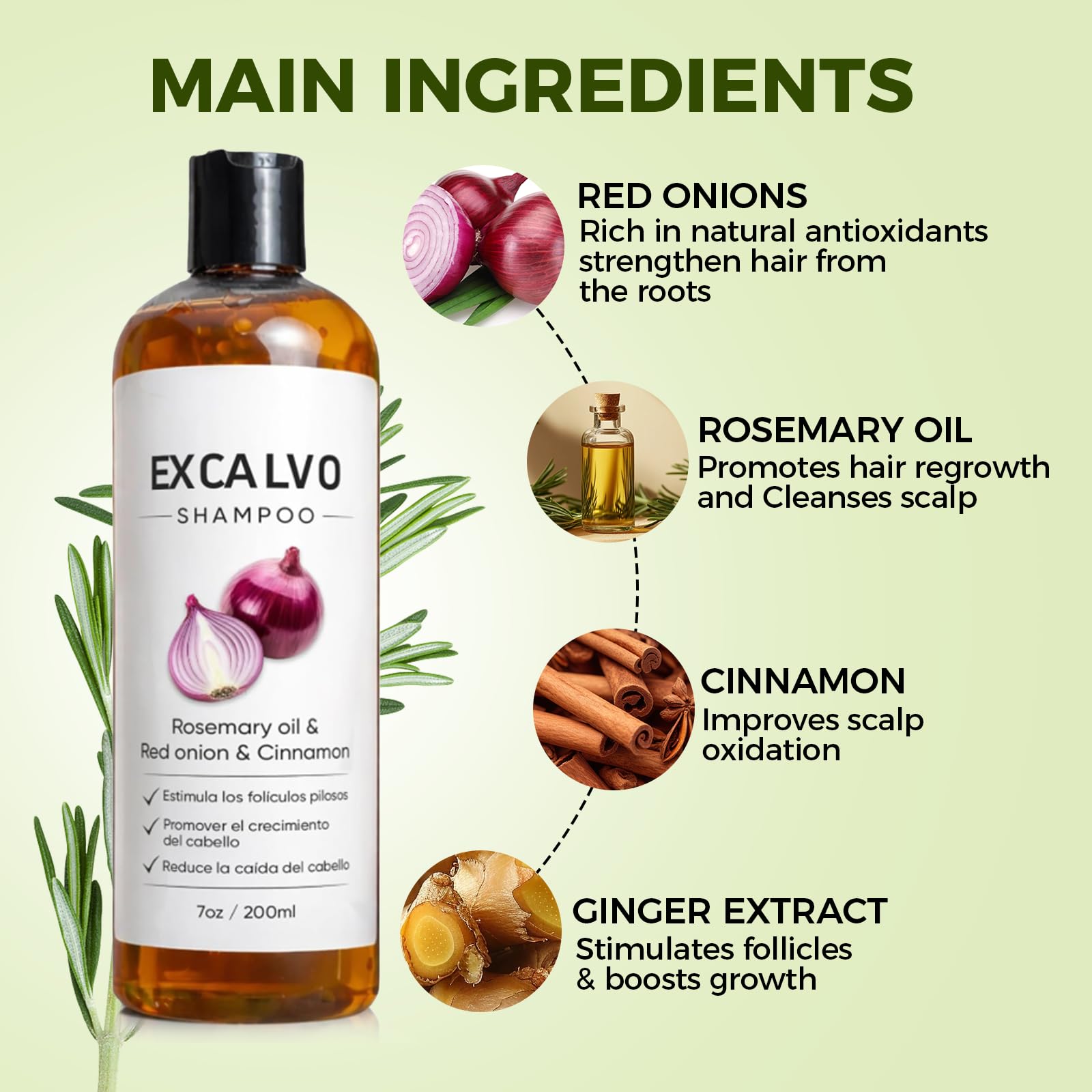 Vlsdoin Excalvo Shampoo: cebolla roja nutre el cuero cabelludo y favorece la salud capilar.