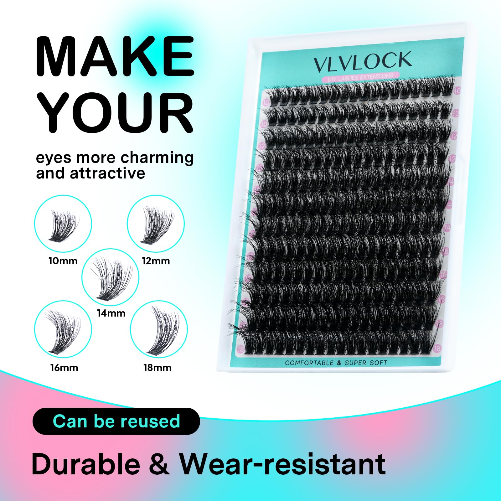 VLVLOCK 10-18mm gradient lashes blend with natural lashes for a wispy look.