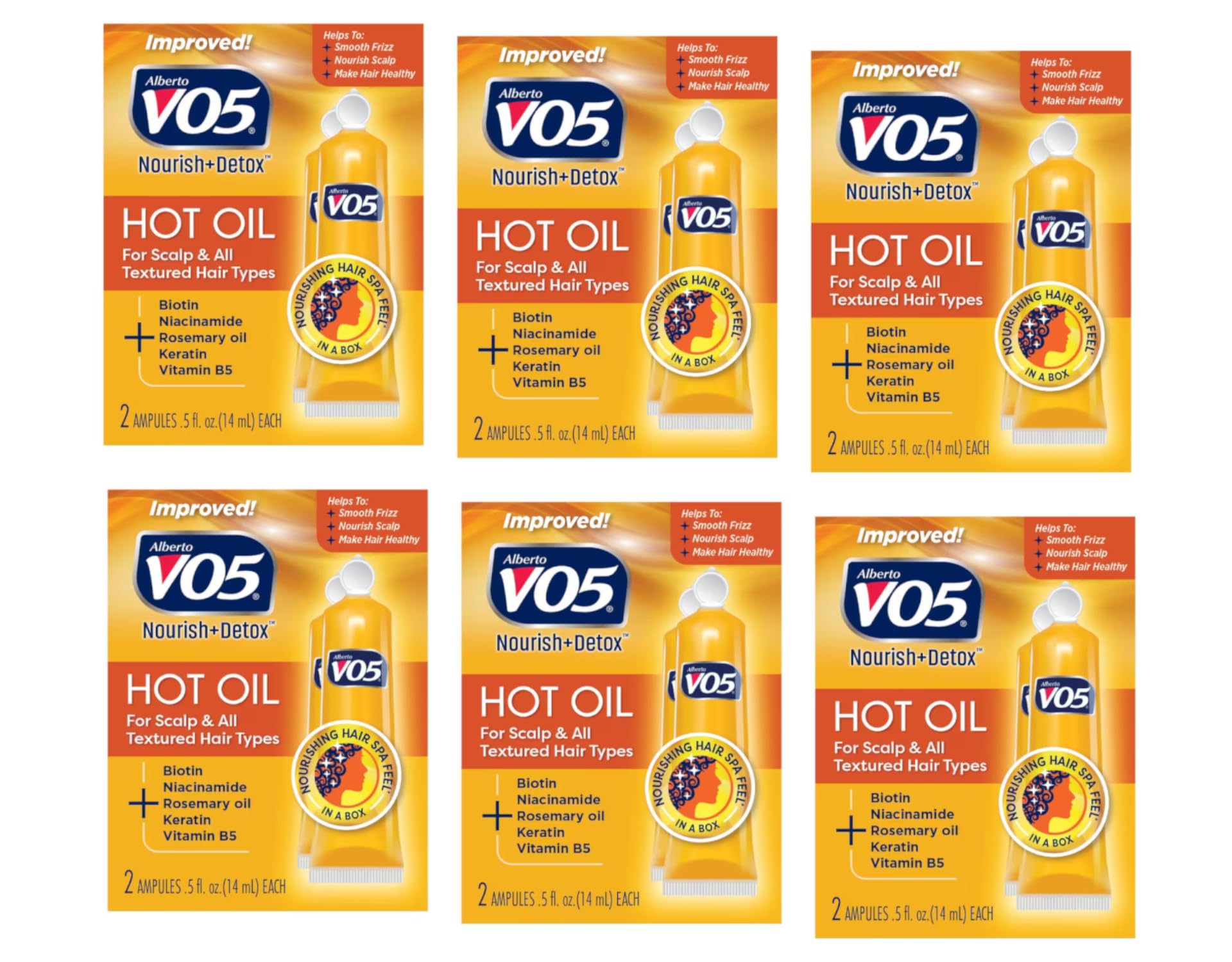 VO5 Hot Oil Therapy six-pack packaging shown for convenient weekly use.