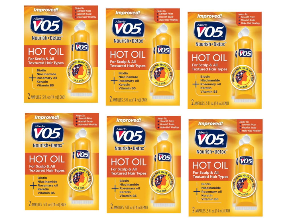VO5 Hot Oil Therapy six-pack packaging shown for convenient weekly use.