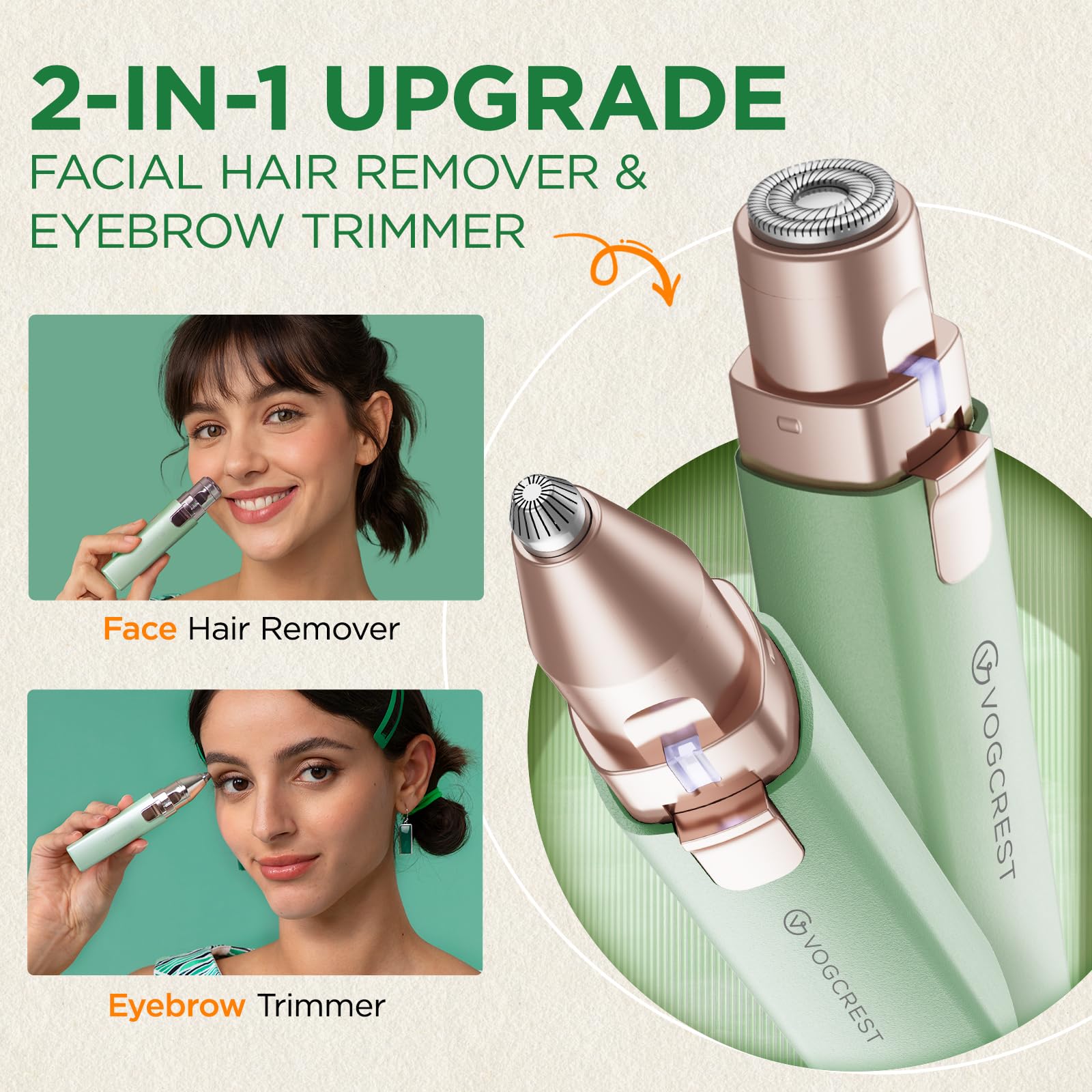 VOGCREST facial hair remover and eyebrow trimmer in one compact device.