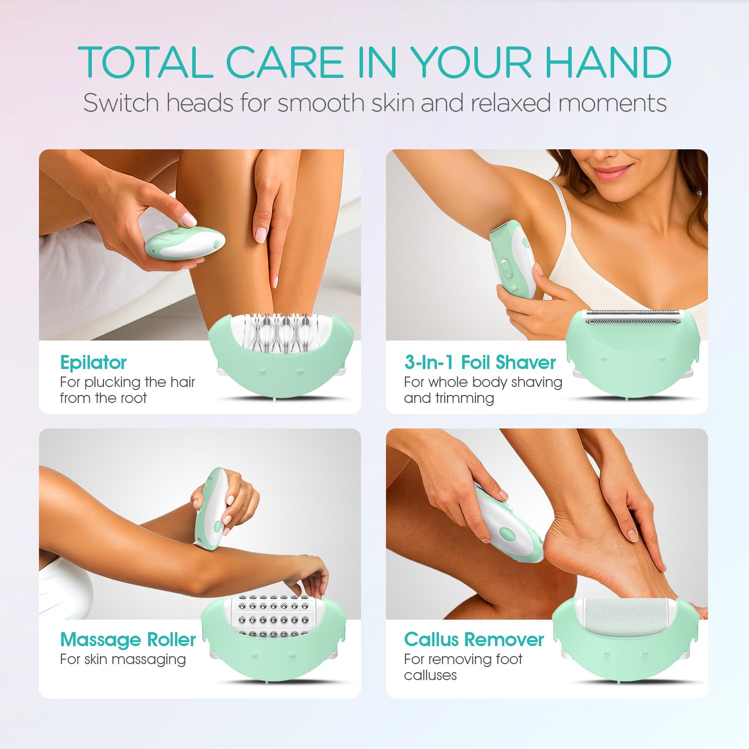 VOGOE Epilator cordless use shown for flexible grooming anywhere