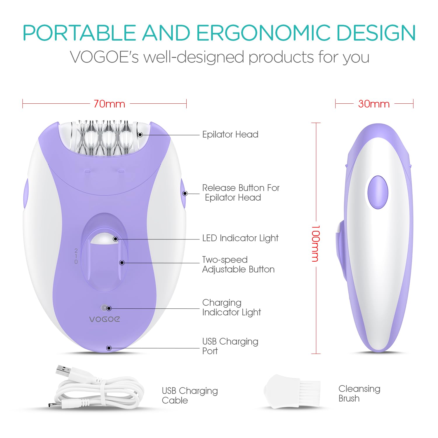 Ergonomic grip helps steady epilation on arms and legs at home.