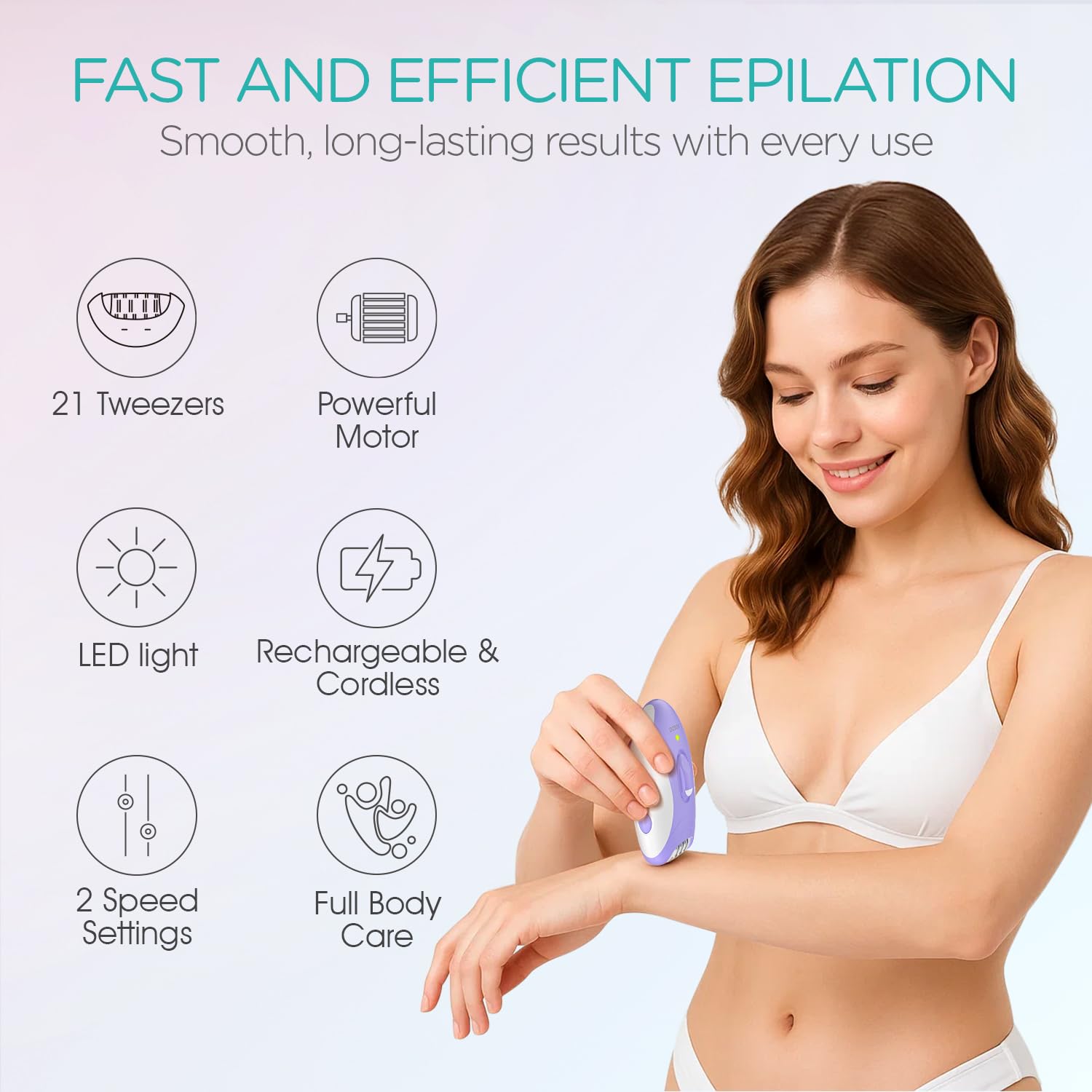 LED light on the VOGOE Epilator illuminates the area for precise epilation.
