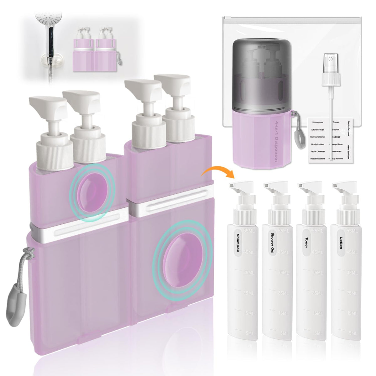 VOGOGE 55ml pump bottles in pink for organized travel toiletries