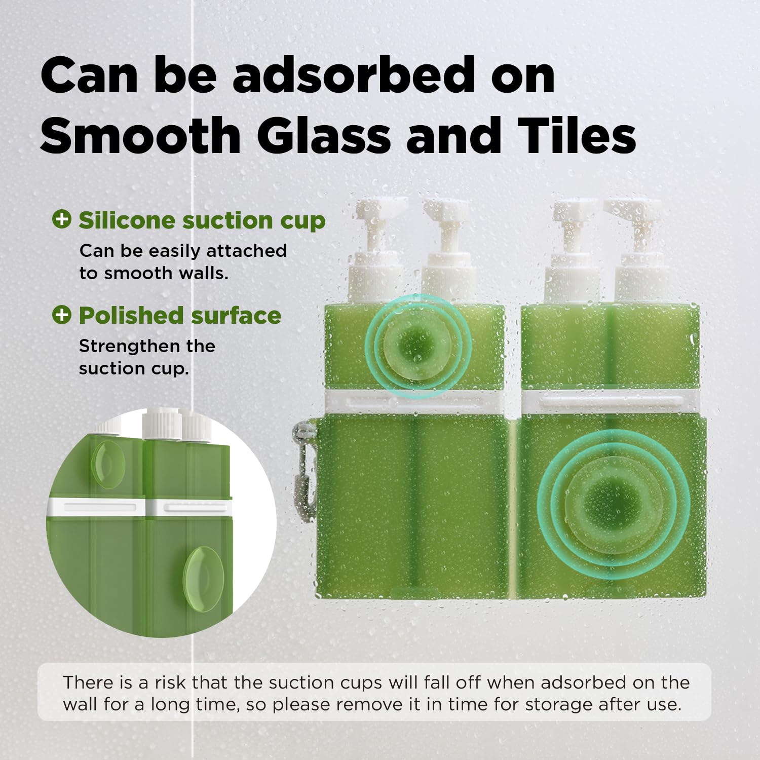 VOGOGE silicone storage box with suction cup keeps bottles within reach on smooth walls.