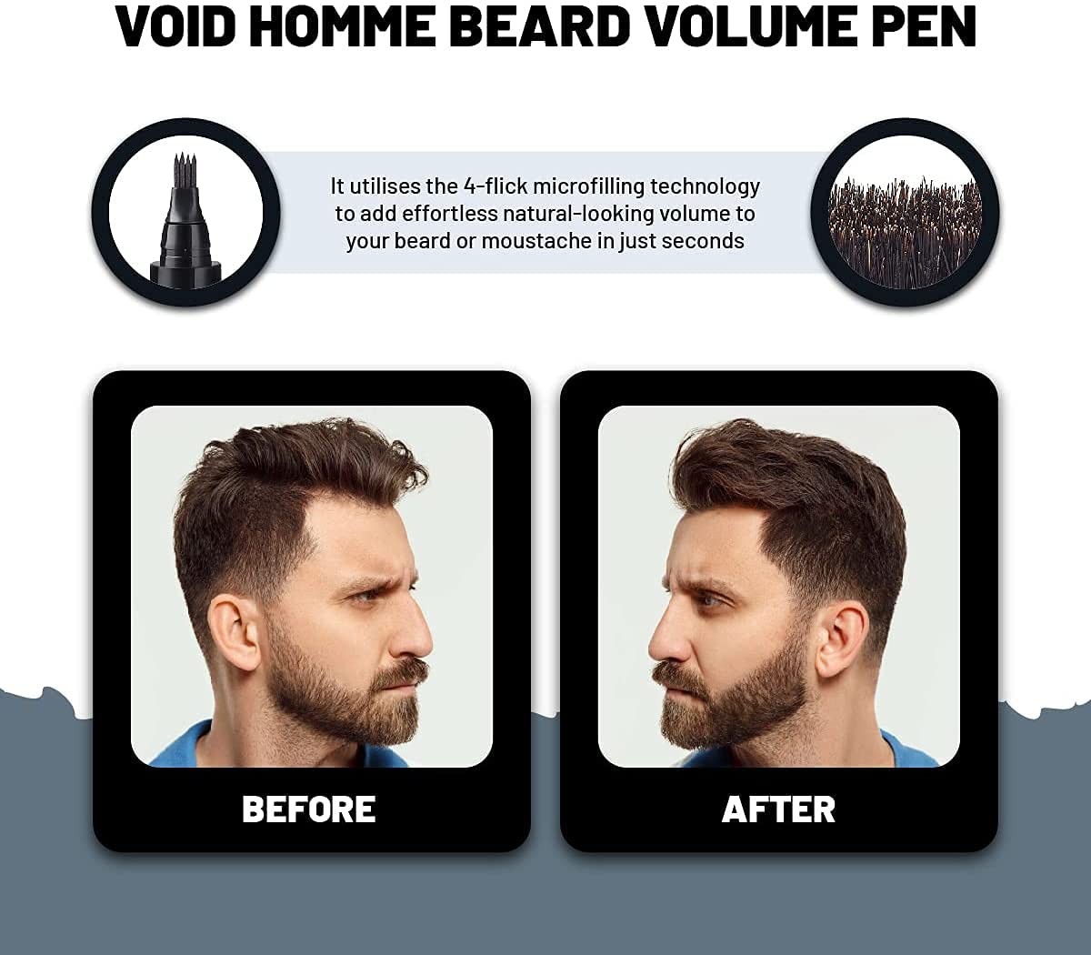 VOID Homme instant beard fullness using waterproof beard pen survives daily activities.