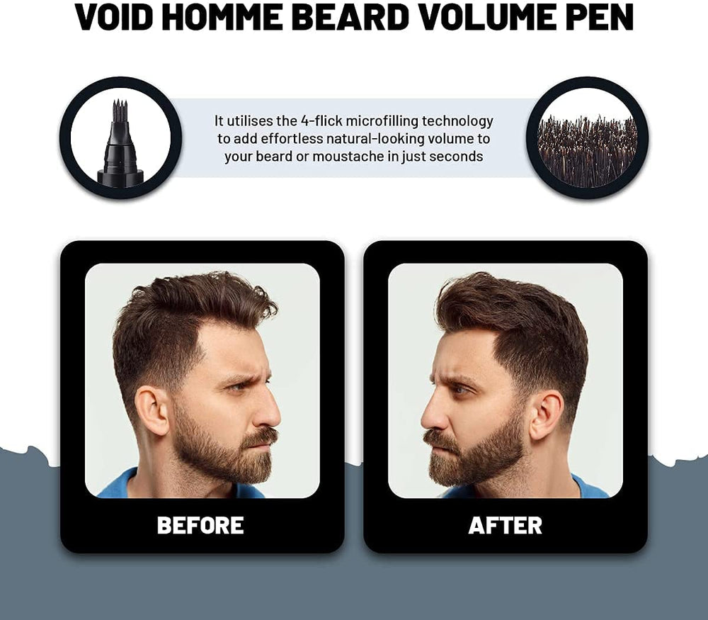 VOID Homme instant beard fullness using waterproof beard pen survives daily activities.