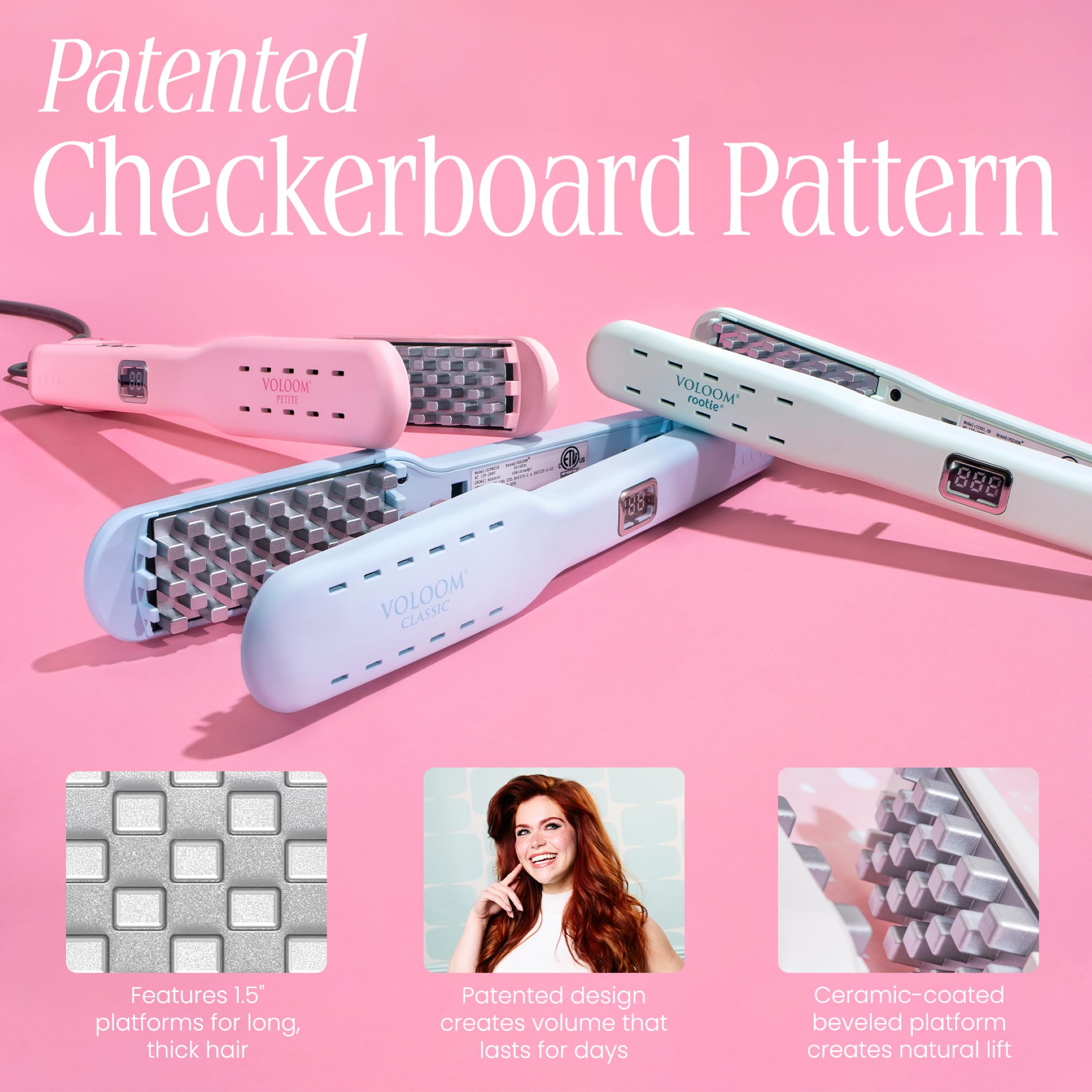 VOLOOM Classic flat iron checkerboard ceramic plates close-up for lift and fullness.