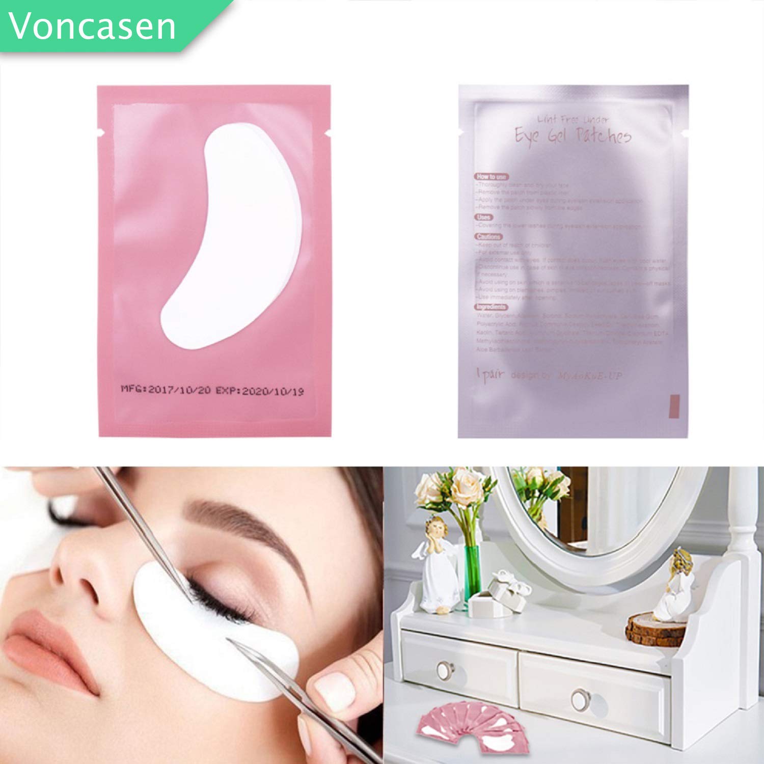 Voncasen almohadillas para extensiones de pestañas mantienen las pestañas en posición estable.